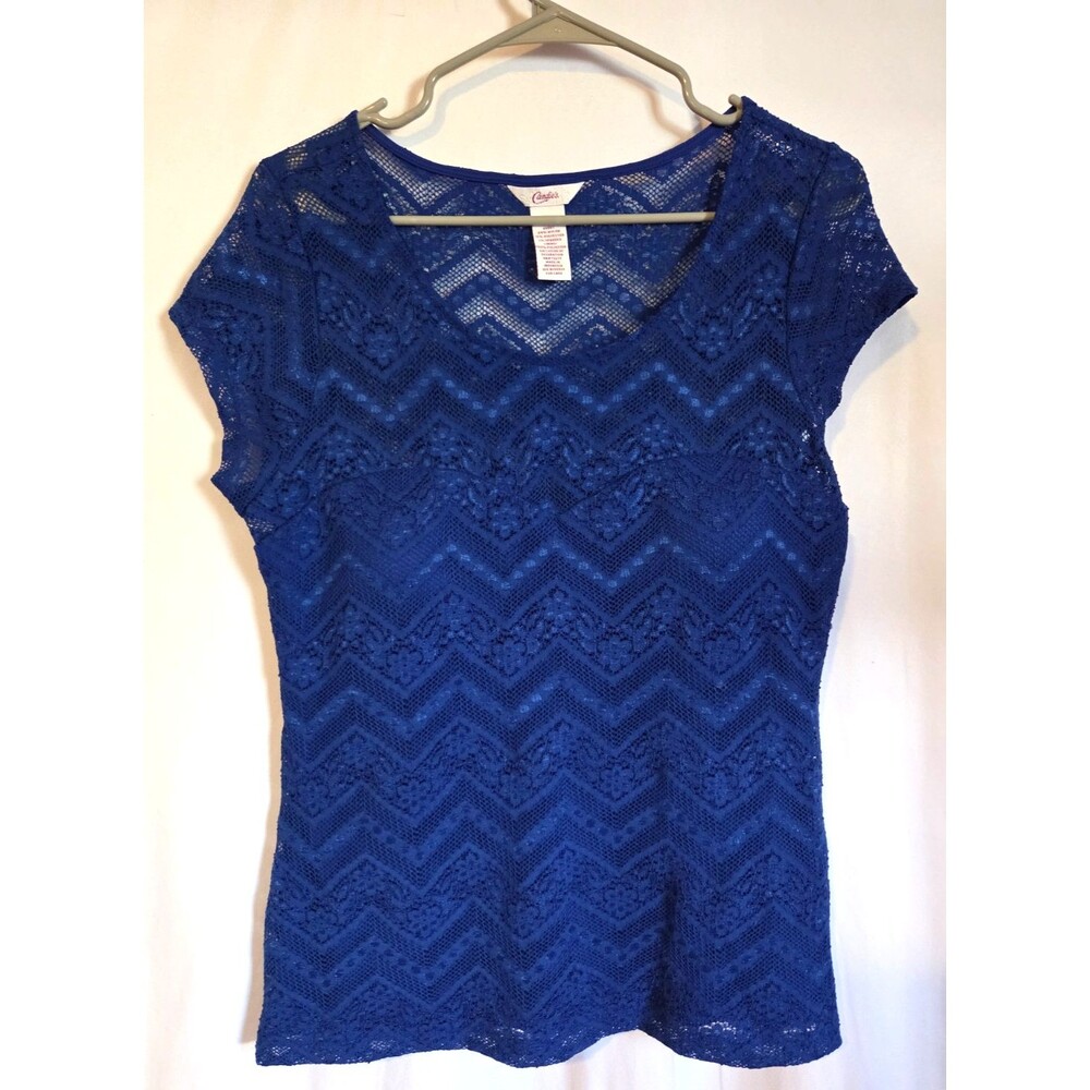 Candie’s Womens XL Blue Lace Chevron Top Short Sleeve Lined Stretch Blouse